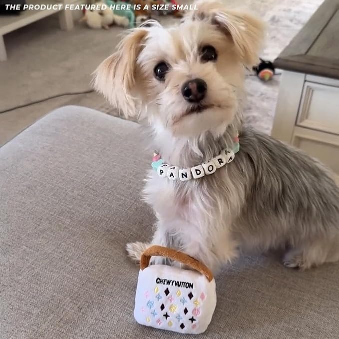 Haute Diggity Dog Chewy Vuiton Handbag Plush Squeaky Dog Toy, Soft Durable Designer-Inspired Stuffed Puppy Chew Toys for Small & Medium Dogs, Machine-Washable (White) Small