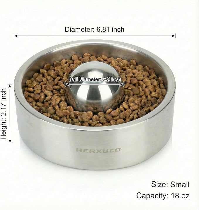 Stainless Steel Dog Slow Feeder Set – 2-in-1 Pet Bowl 18oz & Slow Feeder Ball 2.5in – Spherical Design Slows Eating & Use Separately or Together (Small)