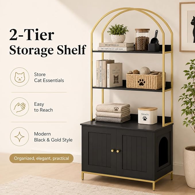 Homhedy Cat Litter Box Enclosure, Litter Box Furniture Hidden with 2-Tier Storage Shelves, Wooden Cat Washroom Furniture with Metal Frame, Modern Style, Black and Gold