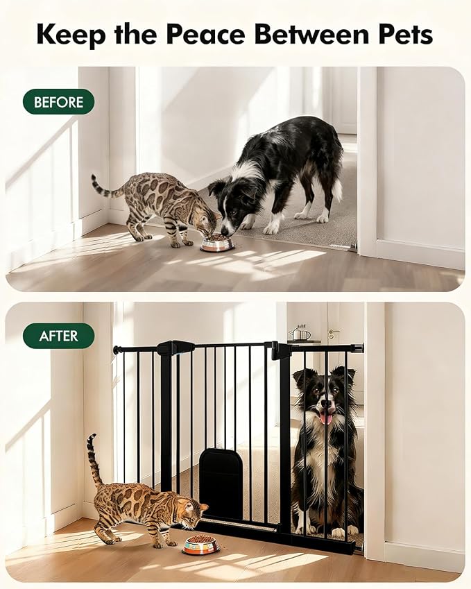 Pet Gate with Adjustable Cat Door, 31–46 Inch Pressure Mounted Dog Gate for Doorways, Stairs and Hallways, Auto Close Walk Through Metal Gate, No Drilling, Black