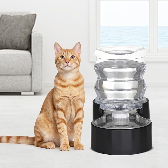 RIZZARI 4L Filter-Free Black Gravity Pet Water Dispenser for Cats and Small Dogs, Spill-Resistant Stainless Steel Water Bowl for Modern Apartments, Gaming Rooms, and Low-Mess Indoor Spaces