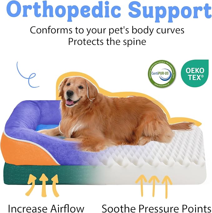 Chez Paw XXL Orthopedic Dog Bed for Extra Large Dogs, Extra Thick Egg-Crate Foam Waterproof Pet Couch with Removable Washable Cover, 4-Sided Bolster & Non-Slip Bottom, Navy Orange 45"x35"x7.5"