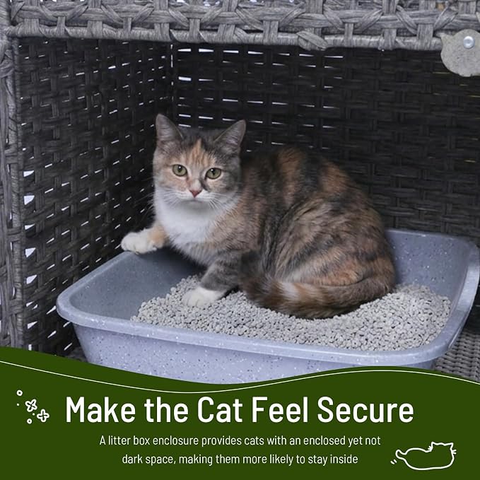 Neti Neti Cat Litter Box Enclosure Furniture, A Calm Enclosed Space Chosen by Cats, Handwoven Rattan Hidden Cabinet with 2 Removable Mats, Large Foldable Design for Indoor Use, Small, Grey