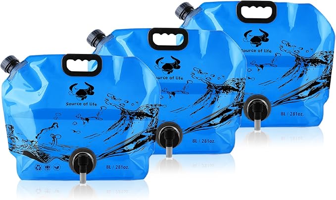 Water Jug Camping 2.1 Gallon Collapsible with Spigot, BPA Free Portable Water Pouch Foldable Water Bags for Outdoor Hiking, Travel and Emergency & Water Storage Containers (Blue-3Pcs)