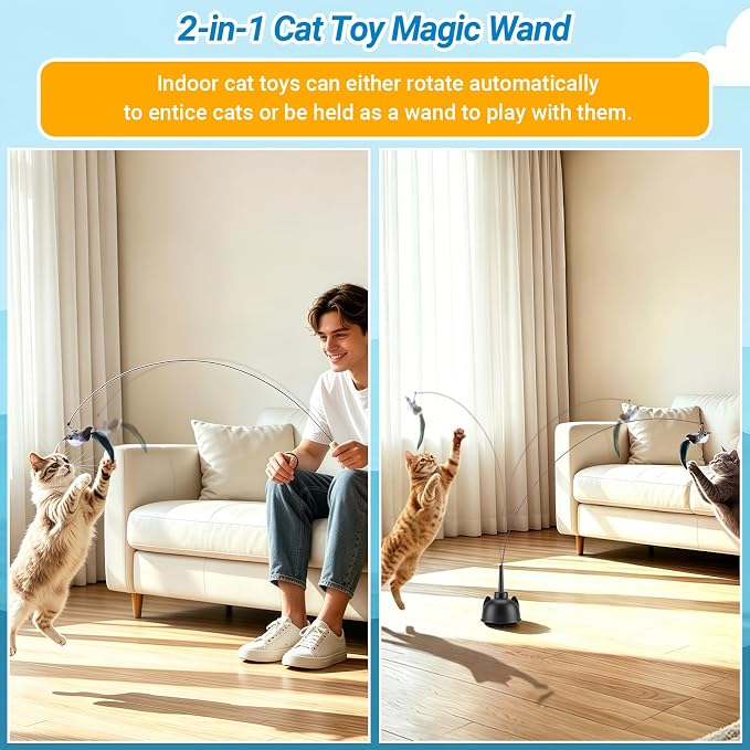 2 In 1 Electric Cat Wand Toy Interactive Cat Toys for Indoor Cats 360° Cat Toys for Bored Indoor Adult Cats, 2-Speed Fly Cat Chase Toy Automatic Cats Toys with Suction Cup Electric Cat Teaser Wand