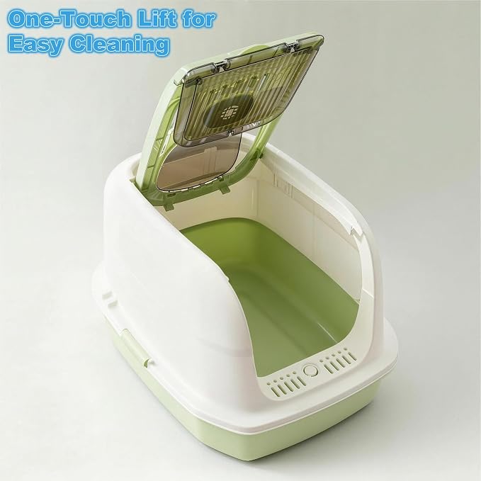 Cat Litter Box with Scoop, Front Entry Covered Litter Box with Lid, Top Exit Kitty Litter Box, Easy to Clean Durable Plastic Litter Pan, Ideal Size for Small to Medium Cats 20.6”×16”×14.3”Green