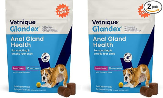 Vetnique Glandex Anal Gland Soft Chew Treats with Pumpkin for Dogs Digestive Enzymes, Probiotics Fiber Supplement for Dogs Boot The Scoot (Bacon Flavor Chews, 30 Count) (Pack of 2)
