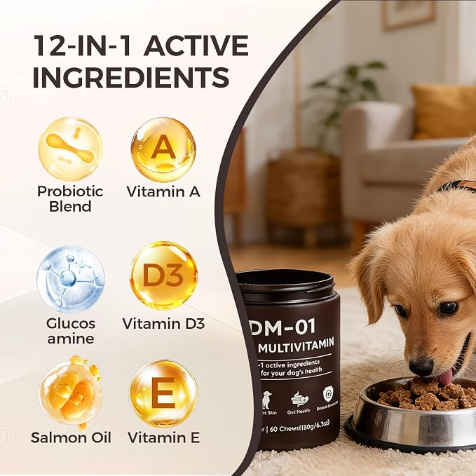 DM-01 Daily Multivitamin for Dogs, Multivitamin Itch Relief Chews Contain Glucosamine Probiotics Salmon Oil for Skin Coat, Gut & Immune Supports, 60 Chews (1)