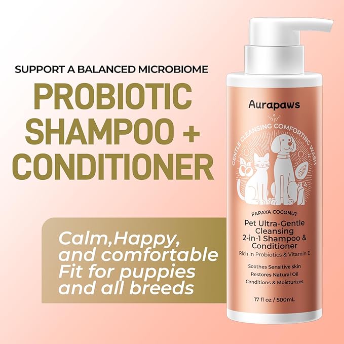 Probiotic Dog Shampoo and Conditioner, Puppy Shampoo for Sensitive Skin, Itchy Skin Relief with Ceramides NP&Vitamin E,Deodorizes & Paraben Freefor All Breeds, Papaya Coconut, 17 oz, Set 2