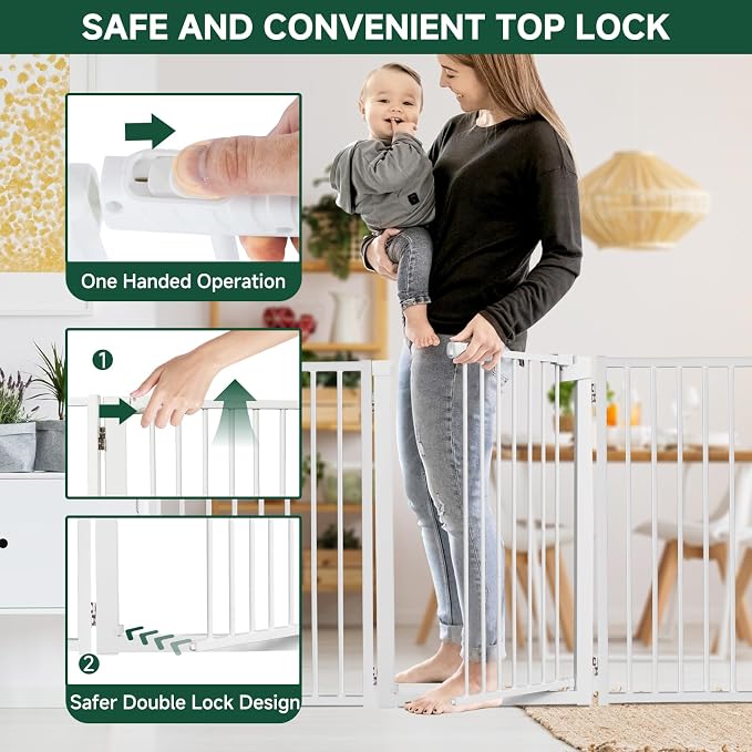 Snagle Paw Full Metal Freestanding Dog Gate with Door, 120” W x 32” H Pet Gate with Support Feet for Doorways, Stairs and Hallways, Portable Dog Fence for Indoor Use(32" 6 Panel, White)
