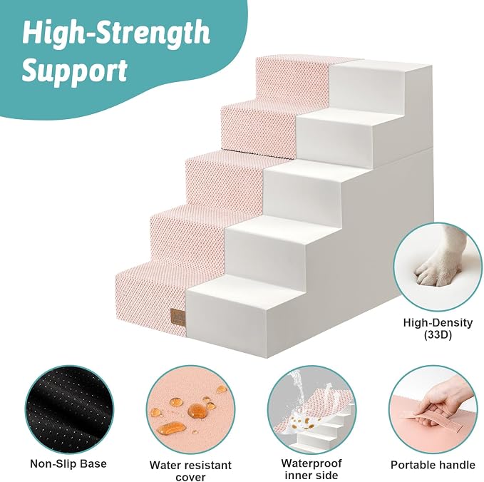 COZY KISS Dog Stairs for Small Dogs, 17.7" Extra Wide Detachable Pet Stairs for Couch and Bed, 23.6" H Non-Slip Dog Steps for Puppies and Old Cats, 17.7x29.5x23.6 inch, Pink