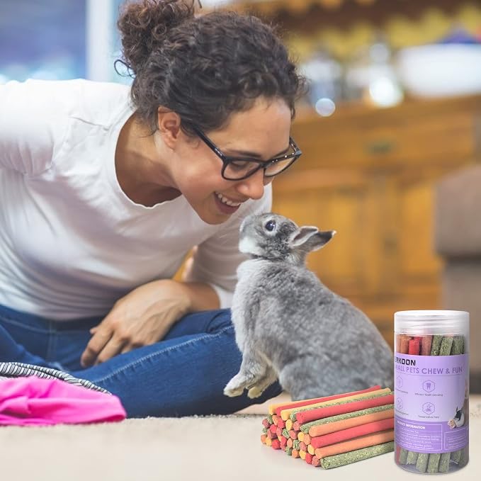 ERKOON 40Pcs Rabbit Timothy Hay Sticks, Five Flavors：PurplePotato/TimothyHay/Pumpkin/Strawberry/Carrot，Suitable Guinea Pig, Hamste, Gerbil, Chinchilla Treats, Chew Toys for Teeth for Bunnies