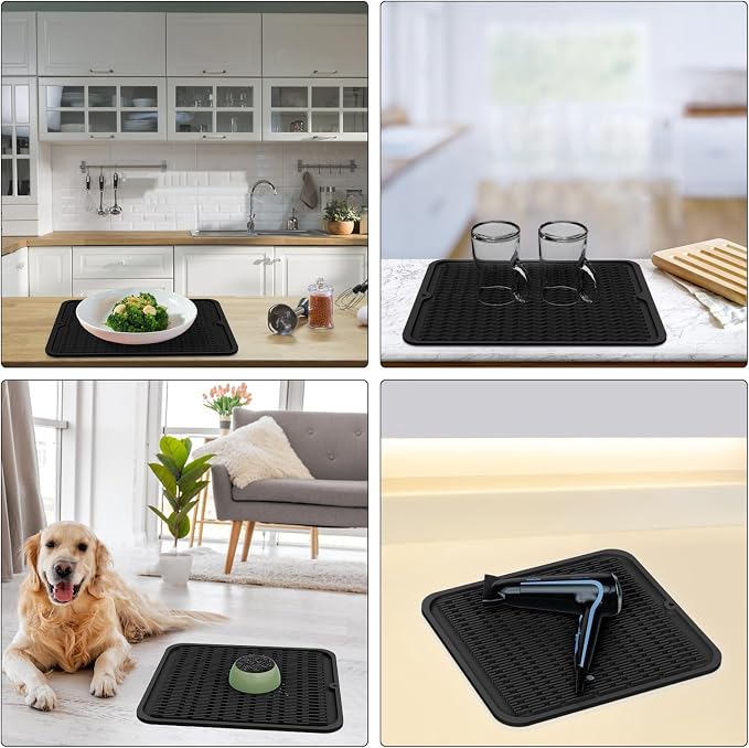 ZLR Heavy-Duty Silicone Dish Drying Mat (16" x 18" / 401 x 455mm) - XL Family-Size Thick 4mm Drainboard for Pots, Pans & Heavy Cookware - Oversized Trivet & Counter Protector, Non-Slip (Black)