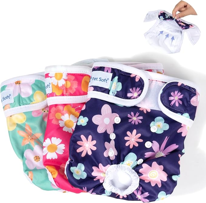 Pet Soft Washable Female Diapers (3 Pack) Female Dog Diapers, Comfort Reusable Doggy Diapers for Girl Dog in Period Heat (Bloom, XS)