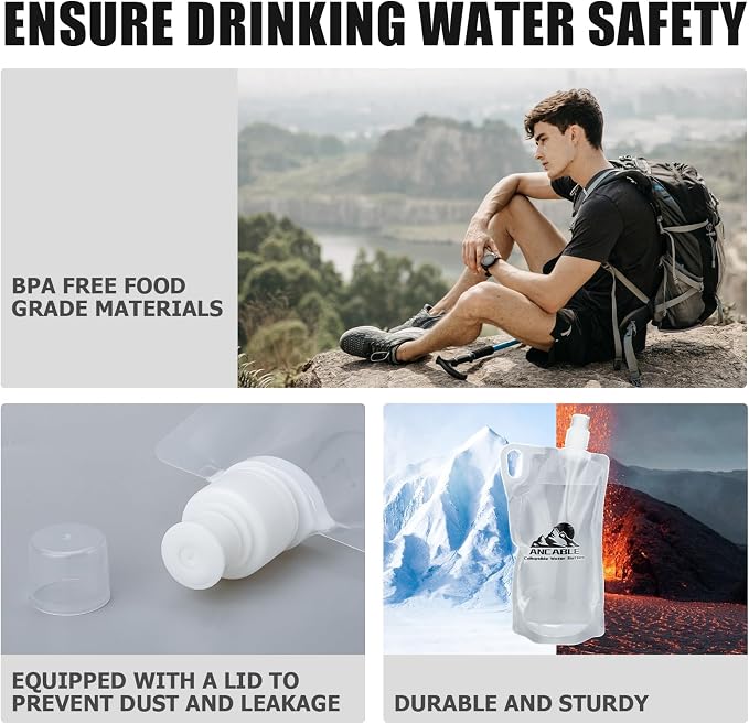 Ancable 1L Hiking Collapsible Water Bottles, 8-Pack 33OZ BPA-Free Foldable Backpacking Water Bottle for Travel Camping Hiking