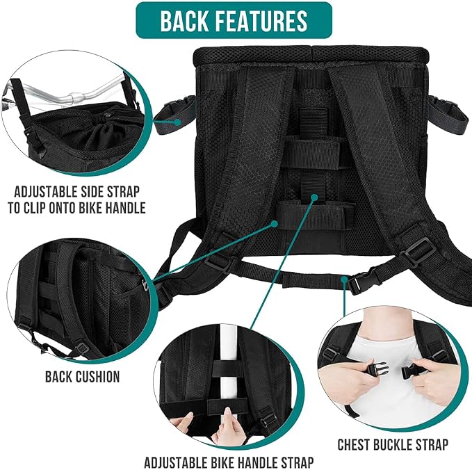 PetAmi Dog Bike Basket, Soft-Sided Ventilated Dog Bike Carrier Backpack, Pet Bicycle Basket for Bike Handlebar, Small Medium Puppy Cat Kitten Car Booster Seat with Safety Strap, Max 18 lbs, Black