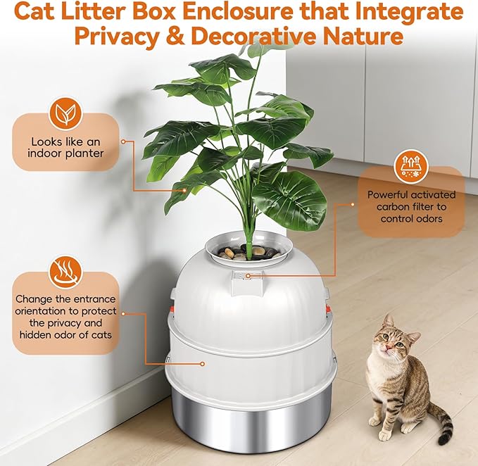 Hidden Cat Litter Box Enclosure with Artificial Plant, Stainless Steel Litter Box Furniture, Decorative Round Planter Includes Scoop, Pebbles, Carbon Filter, Easy to Clean (Beige)