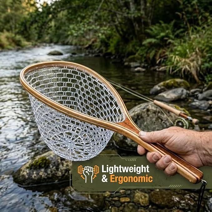 YYKBlueSky Fly Fishing Landing Net - 24" Trout Net, Soft Clear Silicone Mesh for Catch and Release, Durable Wood Frame, Safety Lanyard & Carabiner for Wading, Kayak & Boat Fishing