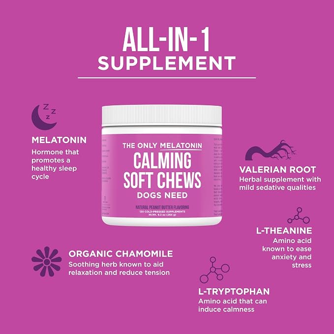 Natural Rapport Dog Calming Chews - The Only Melatonin Soft Chews that Dogs Need - 120ct Contain Melatonin, Valerian Root and Chamomile