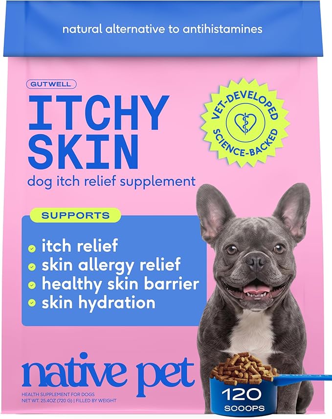 GutWell Itchy Skin - Dog Itching Skin Relief & Seasonal Allergy Itch Relief for Dogs - Promotes Skin Hydration, Elasticity & Healthy Barrier with Triple-biotic Blend, Zinc, & Vitamin E - 120 Scoops