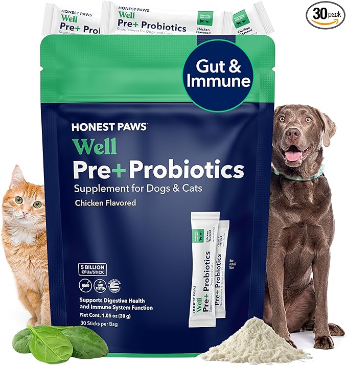 Honest Paws Probiotics for Dogs - Digestive & Immune Support Powder with Prebiotic Made in The USA, Chicken Flavor (30 Sticks)