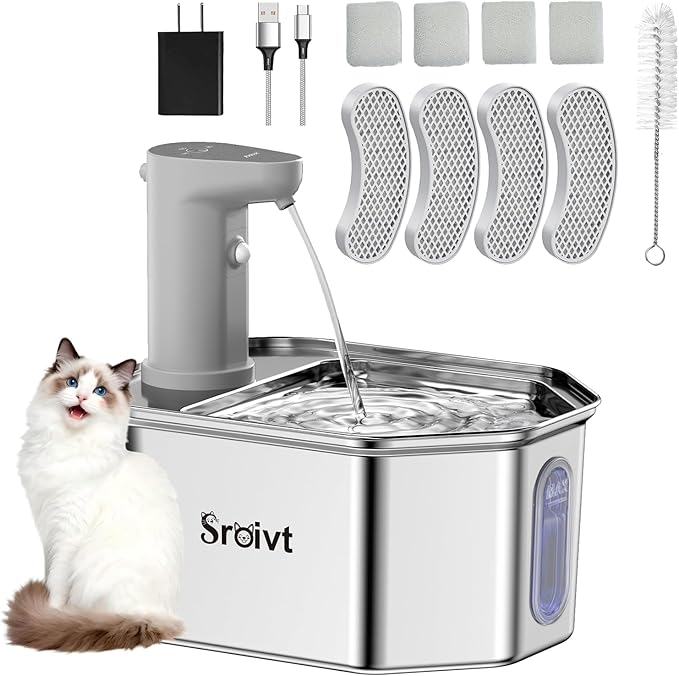 Cordless Cat Water Fountain Stainless Steel - Stainless Steel Cat Water Fountain Cordless - Water Fountain for Cats - Wireless Pet Water Fountain - Motion Sensor/Battery Operated 2.6L,4 Filters