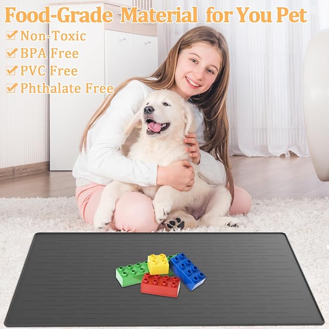 32"x24" Large Silicone Pet Feeding Mat, Waterproof Non-Slip Dog and Cat Bowl Mat for Food & Water, Durable Floor Protector to Prevent Spills, Easy to Clean, Light Gray