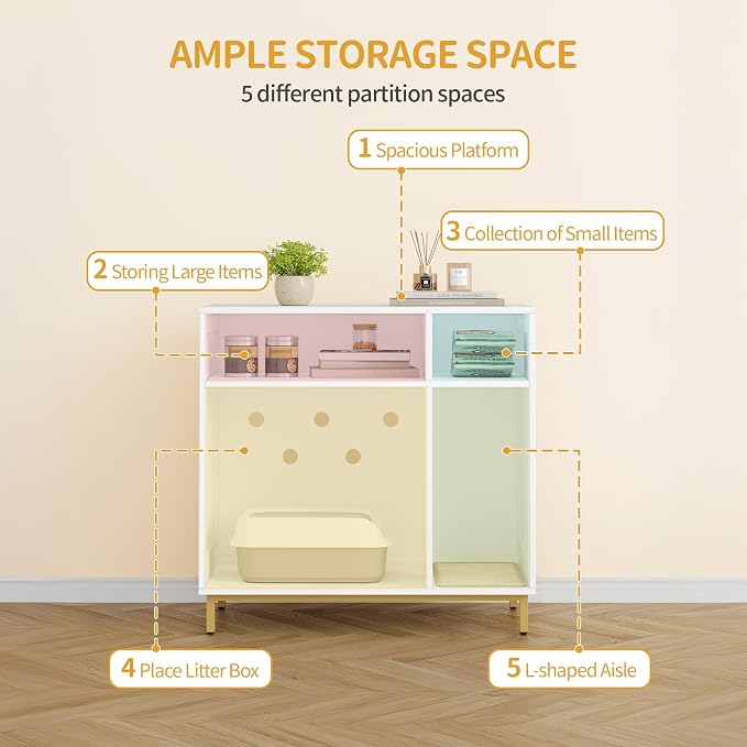 Hzuaneri Large Cat Litter Box Furniture, Hidden Litter Box Enclosure with Storage, Wooden Cats Cabinet with Sisal Mat, Modern Cat Washroom, End Table for Living Room Entryway, White and Gold CB87603G