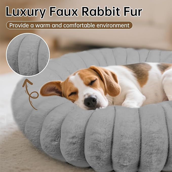 Donut Dog and Cat Bed, Luxurious Comfortable Faux Rabbit Fur Pet Beds, Round Anti-Anxiety Calming Puppy Kitten Bed with Anti-Slip Bottom for Small Medium Dogs & Cats(31", Grey)