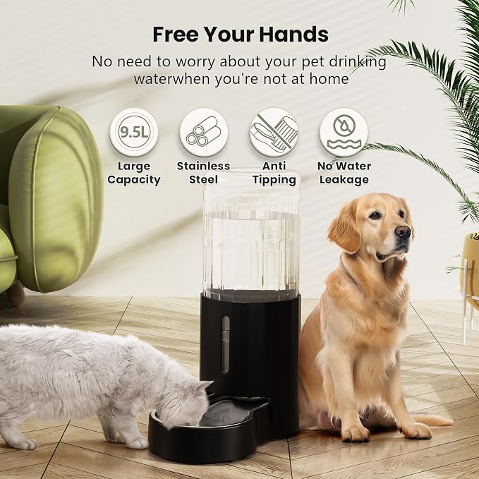 CZPET Dog Water Bowl Dispenser 9.5L, Wider Mouth & Upgraded Brush, Easy Cleaning Automatic Cat Gravity Refilling Waterer with Removable Stainless Steel Bowl, Large Drinking Area for Multi-Pet (Black)