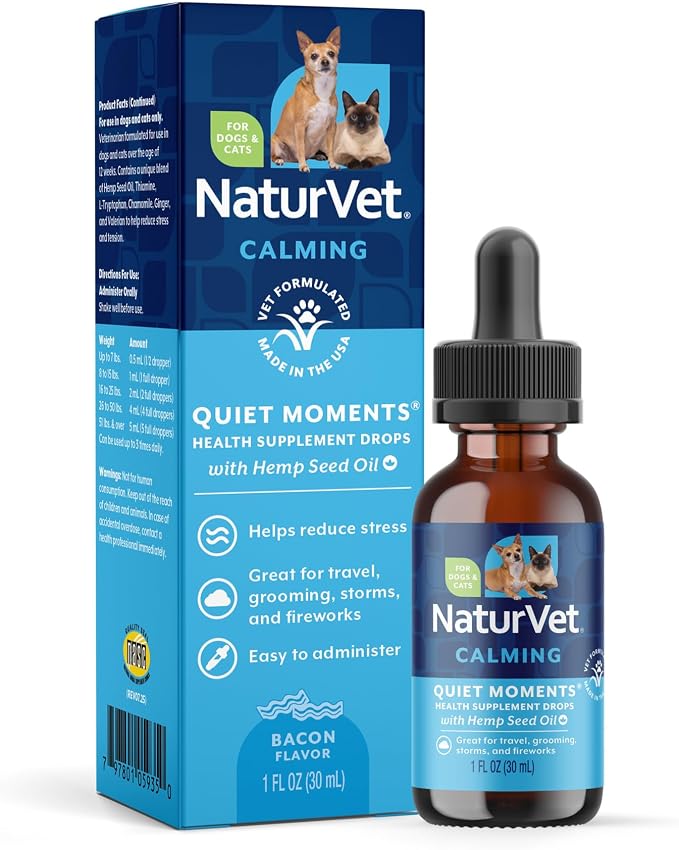 NaturVet – Hemp Quiet Moments Calming Drops – Enhanced with Hemp Seed Oil, L-Tryptophan & Ginger – Helps Reduce Stress & Promote Relaxation – for Dogs & Cats