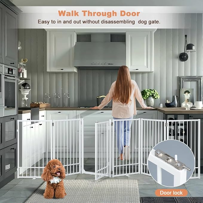SMONTER Freestanding Dog Gate with Door Walk Through, 120'' Extra Wide Indoor Dog Fence, 31.5'' H 6 Panels Foldable Metal Pet Puppy Gate for Stairs, Hallways, Doorway, White