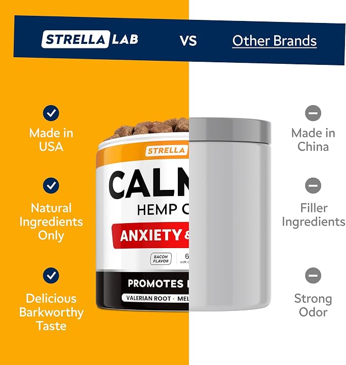 STRELLALAB Advanced Calming Chews for Dogs - Hemp Treats + Melatonin - Sleep Aid - Relaxing Treats - Stress Relief During Fireworks, Thunder - Made in USA - Bacon - 60Ct