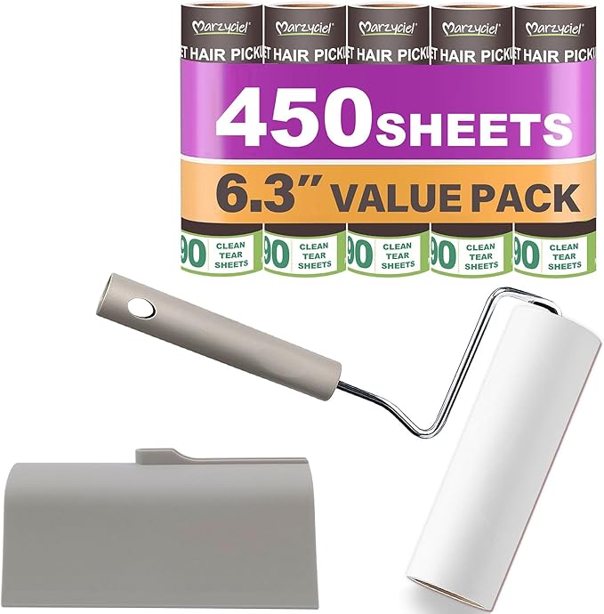 Extra Sticky Large Surface Lint Roller,6.3'' Giant Lint Roller for Pet Hair,5 Rolls 450 Sheets,Long Handle Lint Remover,Easily Remove Carpets, Clothes, Couch and Curtains Dust Cat and Dog Hair Removal