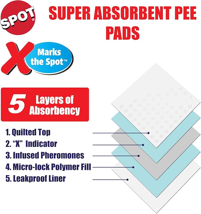 SPOT X Marks The Spot Extra Absorbent Puppy Pads with Adhesive Strips & Pheromones – Attracts Dogs to Center for Training & Potty, 22" x 22", 50-Pack