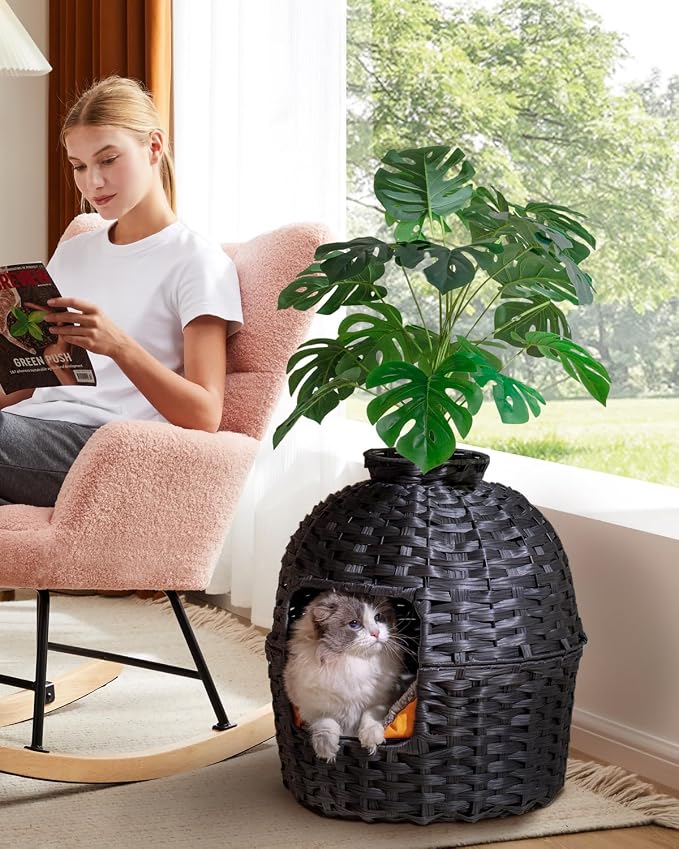 SETVSON Cat Litter Box Plant Furniture Enclosure, Hidden Handwoven Rattan with Cat Litter Box and Artificial Plants, Odor Control Filter, Real Stones in Living Room, Bedroom, Corner (Black)