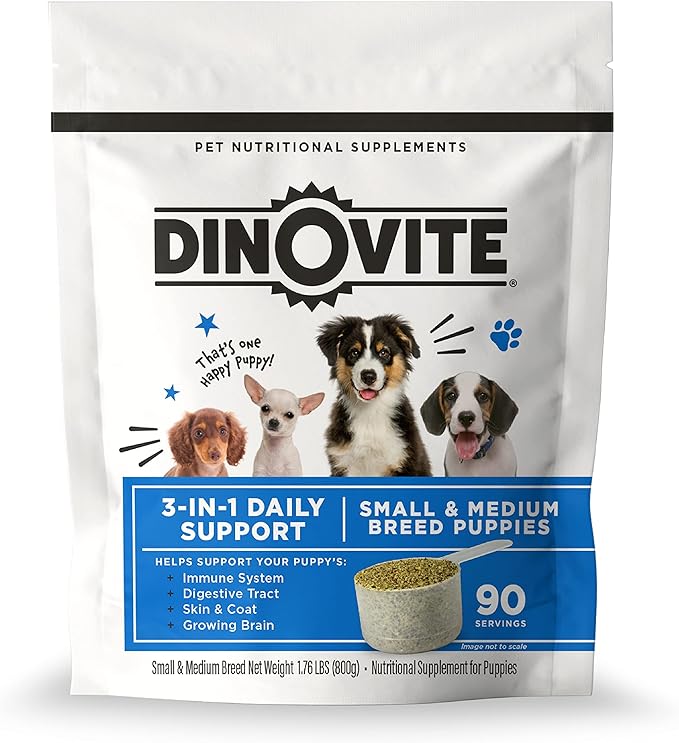 Dinovite Probiotic Food Topper for Puppies, Digestive Health & Skin Support Formula with Omega-3s, Daily Puppy Wellness Supplement, 90 Servings