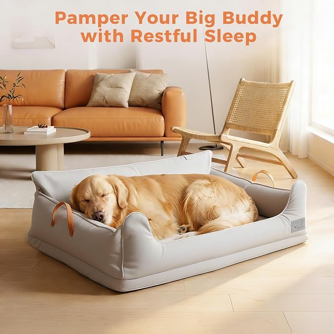 Removable Orthopedic Dog Beds for Large Dogs, Leather Memory Foam Dog Sofa Bed, Waterproof Durable Dogs Bed Couch with Non Skid Bottom for All Pet Sizes (Silver Gray, Medium)