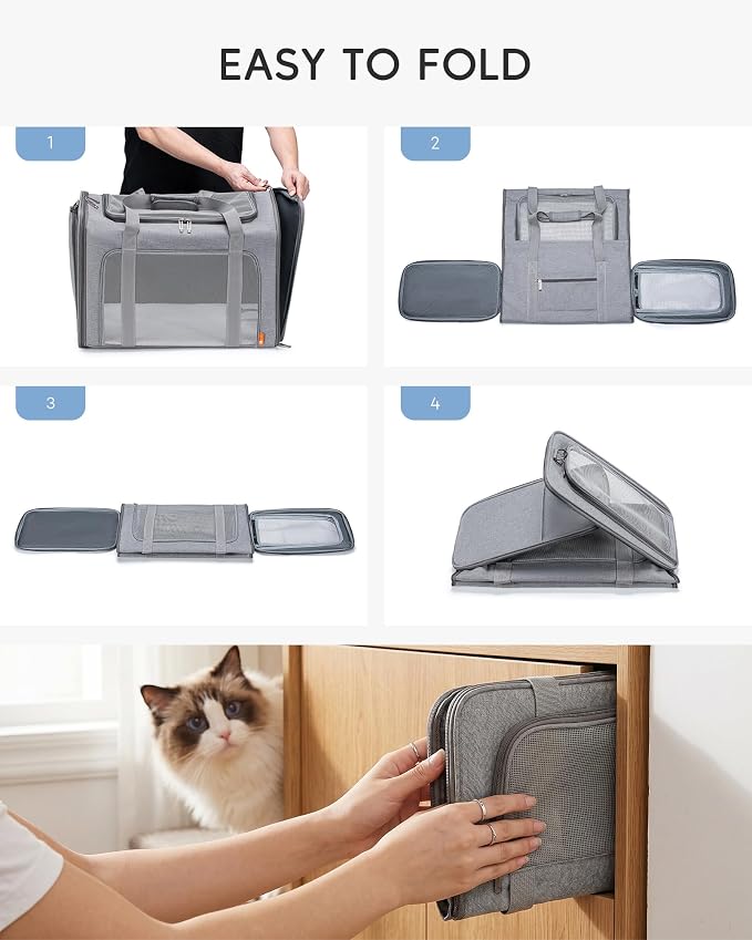 Soft-Sided Pet Carrier Bag Large 21.6inch Dog Carrier Cat Carriers for Medium Cats Dogs Puppies (Up to 26lbs) Collapsible Travel Puppy Carrier with Foldable Bowls Grey