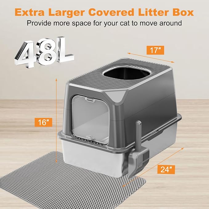 Extra Large Stainless Steel Cat Litter Box Enclosed with Lid - 23.6" x 15.7" x 16.5" Metal Cat Litter Box XXL for Cats, Front Top Entry High Side Kitty Litterbox，Scoop & Mat, Anti Leakage, No Sticky