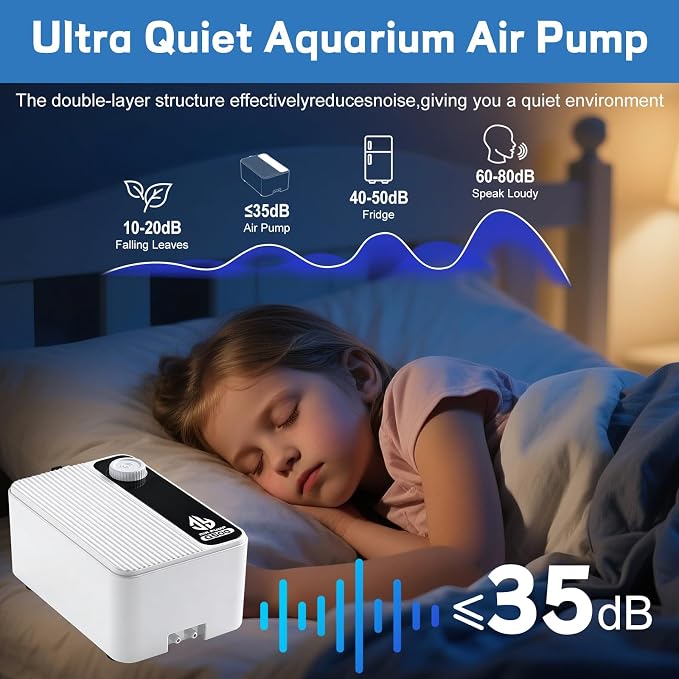 Aquarium Air Pump, Quiet Powerful Fish Tank Air Pump, Adjustable Fish Tank Bubbler with Air Stone, 2.3W/5.5W/8W Bubbler for Aquarium Fish Tank for Small Medium Large Fish Tank Up to 200 Gallon