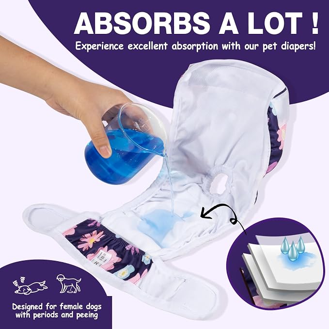 Pet Soft Washable Female Diapers (3 Pack) Female Dog Diapers, Comfort Reusable Doggy Diapers for Girl Dog in Period Heat (Bloom, XL)