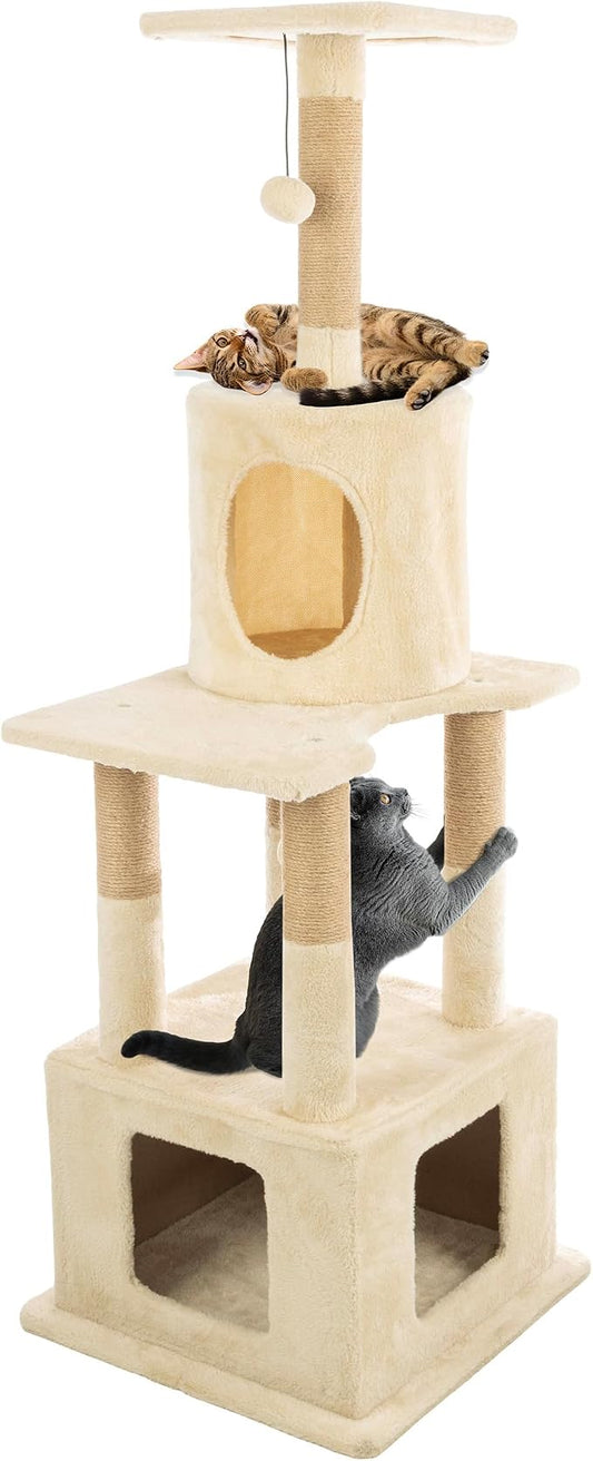 57” Tall Cat Tree Tower - Cat Tower with 2 Kitten Condos, Napping Perch, 5 Rope Scratching Posts, and 2 Hanging Toys - Multi-Level Kitten Tree and Climbing Activity Furniture by PETMAKER (Beige)