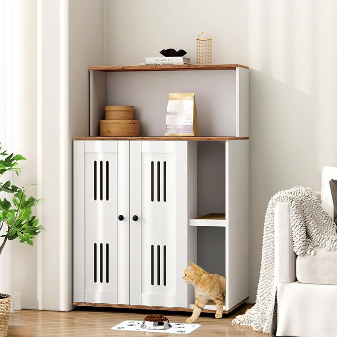 Rovibek Cat Litter Box Enclosure for 2 Cats, Litter Boxes Furniture Hidden with Storage, Cat Litter Cabinet with Scratch Mat, Fit Most of Litter Box, White