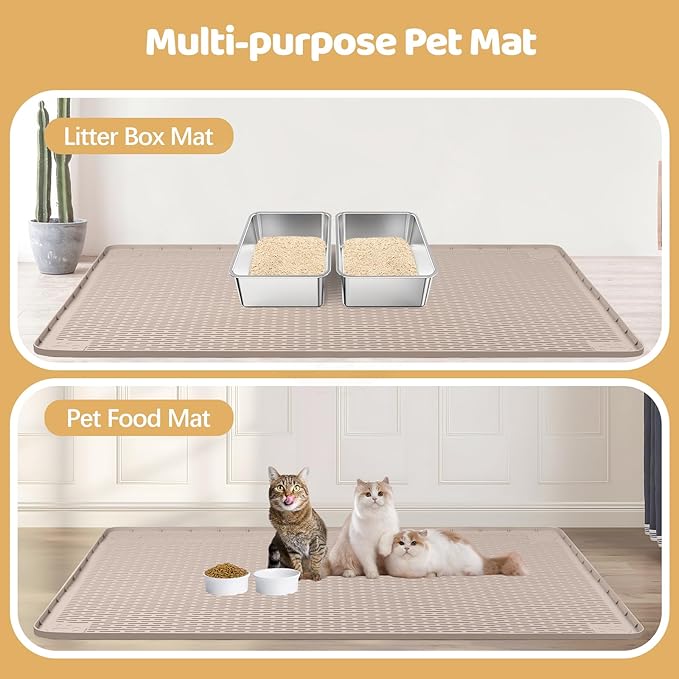 Cat Litter Mat, XXL Extra Large 70" x 45" Silicone Mat Litter Trapping Mat for Scatter Control, Soft on Kitty Paws, Easy to Clean (Khaki)