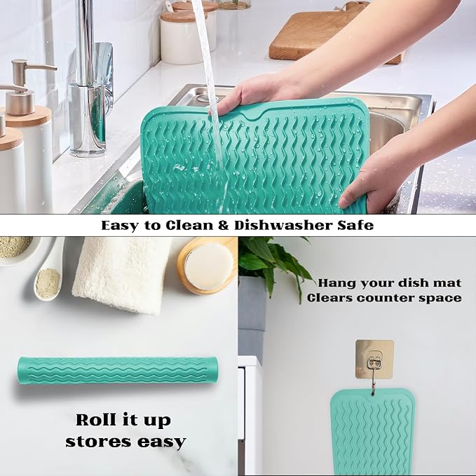 ZLR Silicone Dish Drying Mat for Kitchen Counter (12" x 16" / 307 x 405mm) - Large Fast-Dry Drainer Mat with Raised Wavy Ridges & 5mm Lip - Non-Slip, Heat Resistant 450°F, BPA-Free (Mint Green)
