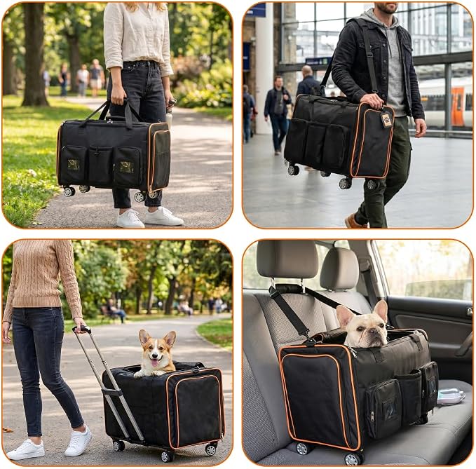 2 in 1 Large Rolling Cat Carrier for 2 Cats, Expandable Double Pet Carrier with Wheels, Removable Divider, Travel Crate for Car/Camping/Vet