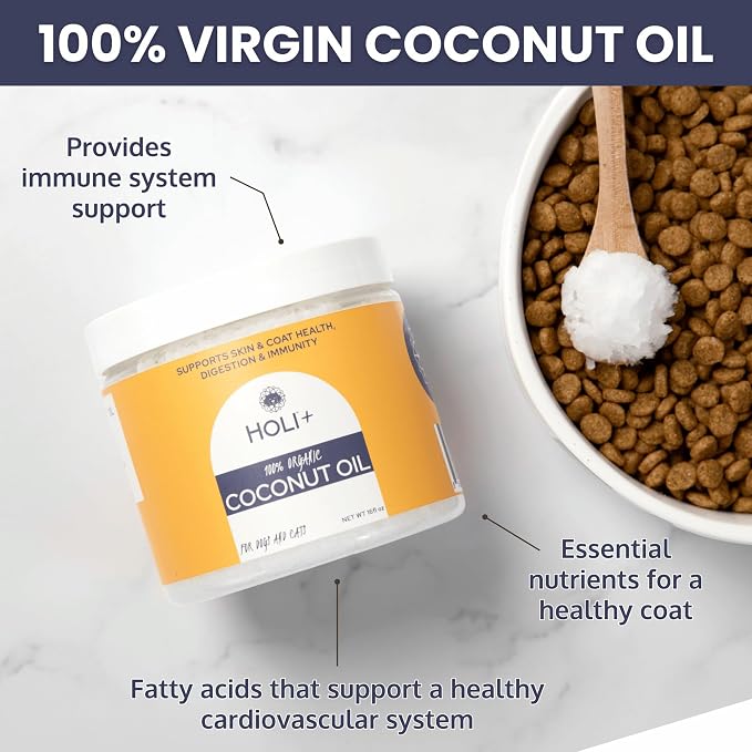 HOLI 100% Organic Coconut Oil for Dogs & Cats – Cold-Pressed Coconut Oil for Dogs Skin & Coat, Itchy Skin, Hot Spot Relief & Paw Balm – MCT Lauric Supplement, Non-GMO, Pet Safe - 16oz