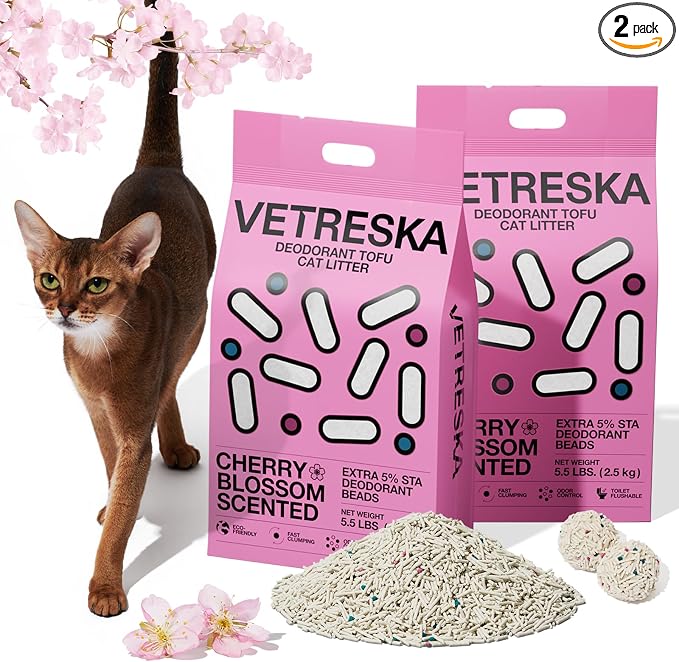 VETRESKA Cherry Blossom Tofu Cat Litter,Natural Kitty Litter Strong Clumping Flushable Cat Litter Pellets Ultra Absorbent,Dust-Free,Low Tracking,Deodorant Tofu Litter Compostable(5.5lb×2bags)