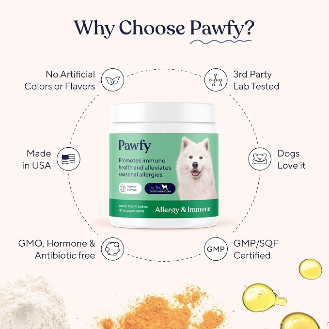 Pawfy Dog Allergy Chews for Large Breed with Itchy Skin & Paw Licking | Allergy & Immune Support for Dogs with Probiotics, Salmon Oil, Turmeric & Vitamin B12 | 30 Turkey Flavoured Chews